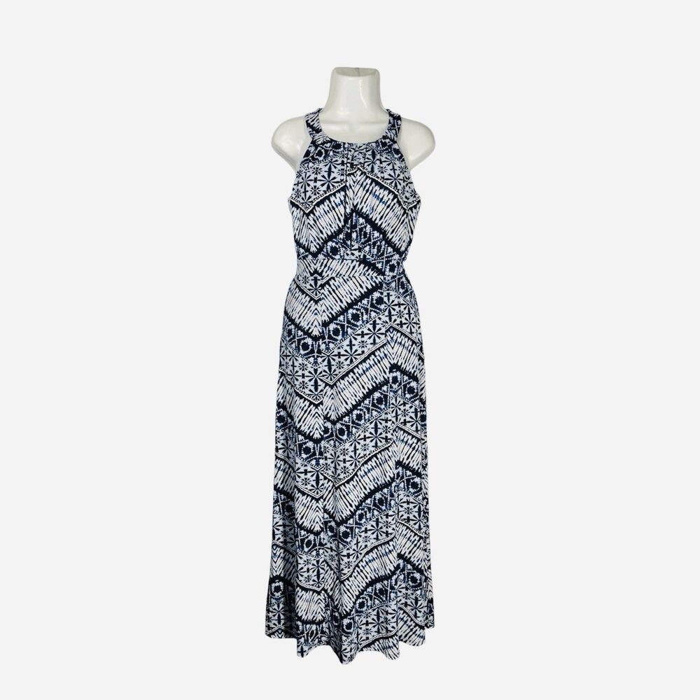 Enfocus Studio Women Maxi Halter Dress Size 6 Blue White Geometric Summer Boho